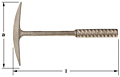 Horizontal image of a one-piece, solid bronze metal hand pick with a spiral handle for grip.  The pick has a pointed tip on each end of the pick head.  Horizontal (l) and vertical (a) dimensions are shown for size reference.